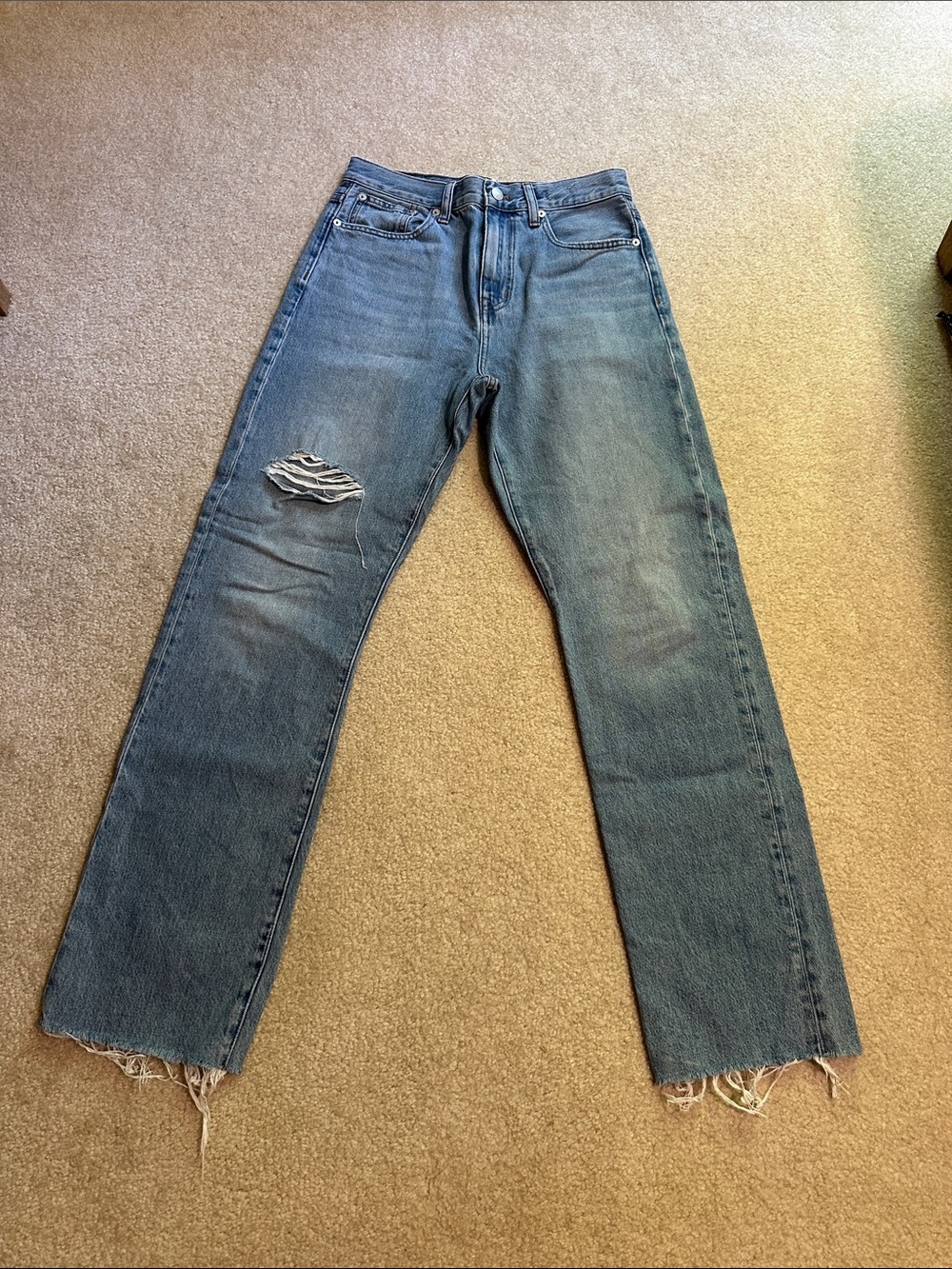 Madewell Mid-Blue Straight Leg Distressed Jeans